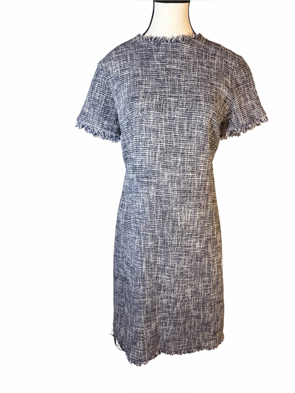 J McLaughlin Clarence Navy Blue Tweed Short Sleeve Sheath Dress Fringe Size 6